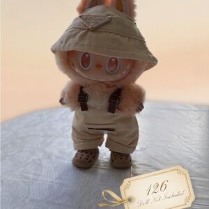 126, 3Piece Prada Logo Outfit Beige/Ivory for Labubu doll W/Hat(No Doll)